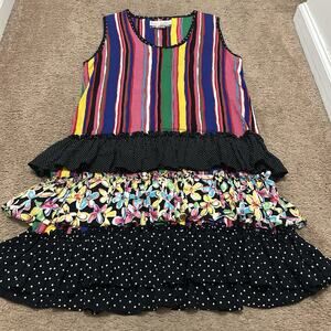 Lucia Lukken Broomstixks Vtg Dress Tiered Multi Pattern Striped Sleeveless Sz M
